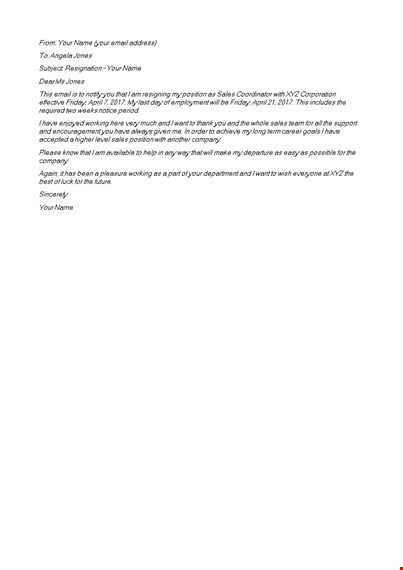 email job resignation letter template