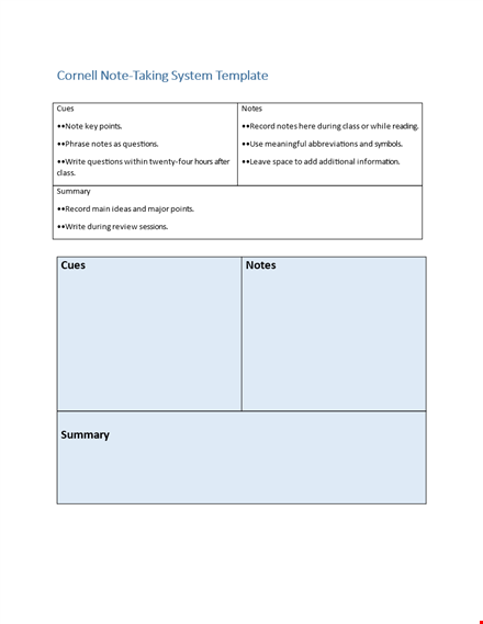 organize your notes: cornell notes template for effective learning template