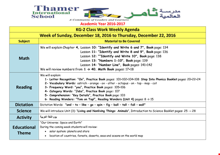 class work weekly agenda template template