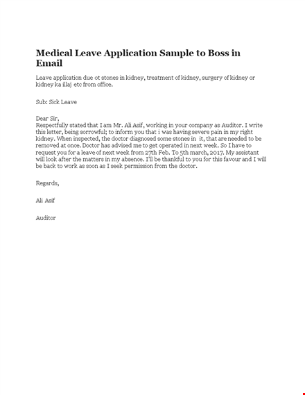 sample sick leave email application for kidney issue - requesting leave template