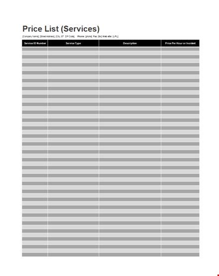 price list template template