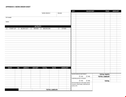 work order sheet template template