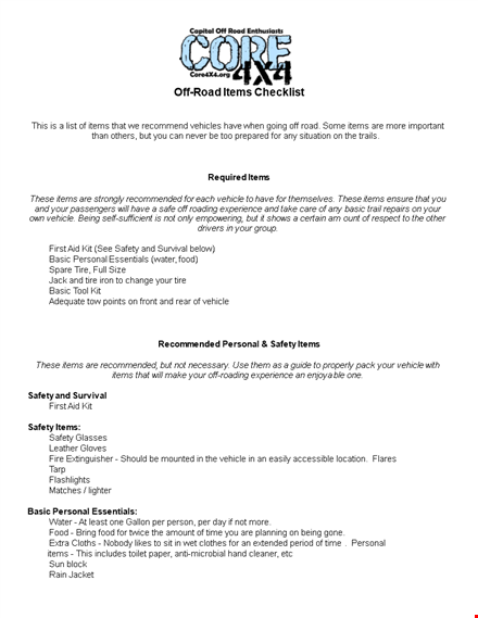 off road vehicle safety checklist - basic items recommended template