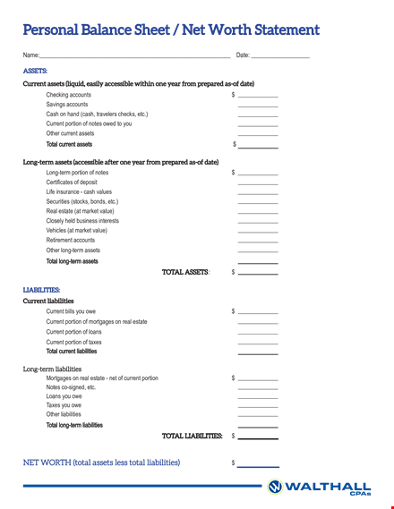 personal balance sheet format - total current liabilities and assets: a comprehensive overview template