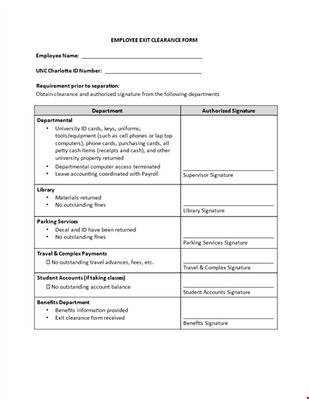 employee exit clearance form - return of cards, signatures, and outstanding clearance template