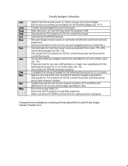 yearly budget calendar template template