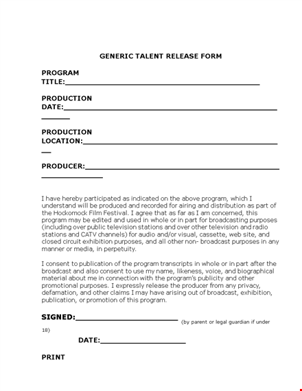 photo release form for television broadcast purposes template