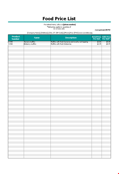 get organized with our price list template - perfect for muffins! template