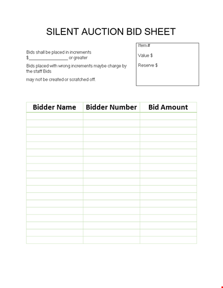 silent auction bid sheet - place bids and track bidders in increments template