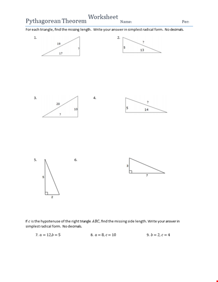 pythagorean theorem guide worksheet template