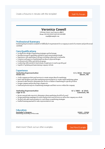 professional marketing representative resume template