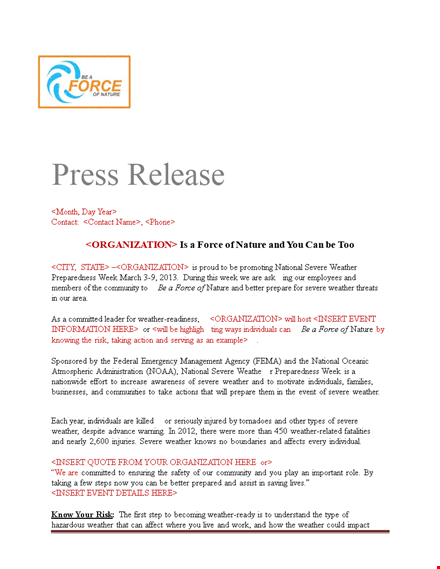 national severe weather preparedness: get a press release template template