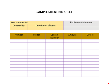 silent auction bid sheet sample - bid number and amount template