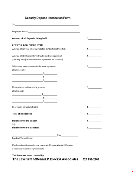 return of security deposit: address, amount, and itemized list template