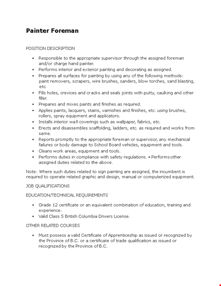 foreman painter job description - responsibilities, equipment & safety regulations template