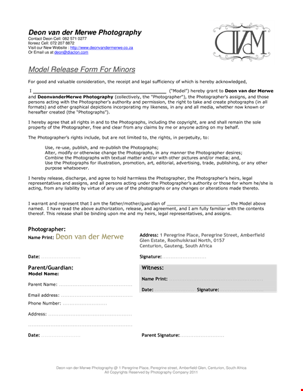 minor model release form template template