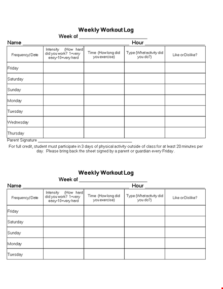 printable weekly workout log: friday activity | parent template