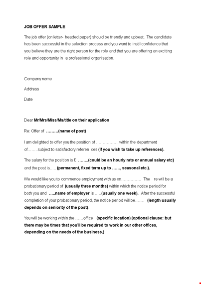 job offer sample letter template template