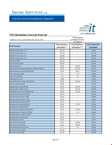 irving institute biomarkers core lab price list template