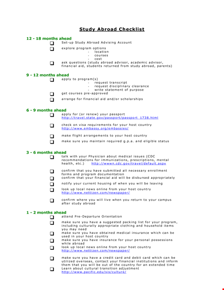 study abroad checklist template template