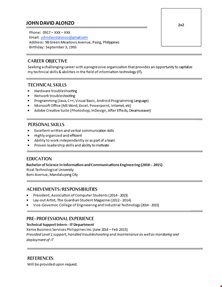 sample resume for fresh graduate without work experience template