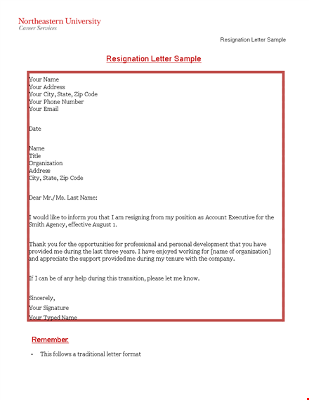 example resignation letter sample - formal format and address template