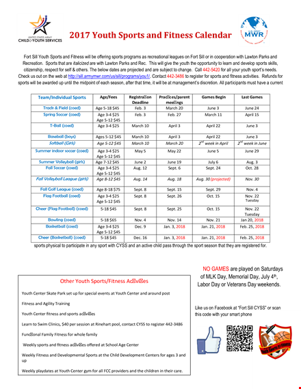 youth sports and fitness calendar template