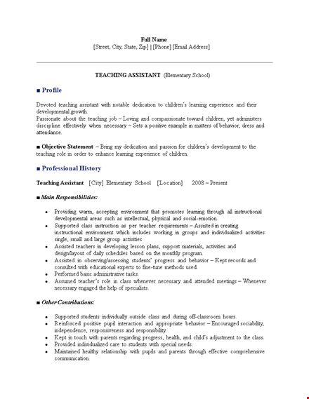 elementary teacher assistant resume - school assistant, class teaching for children template