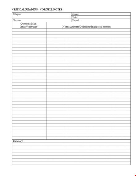 cornell notes template - organize critical reading notes by chapter template