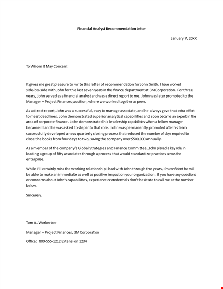 financial analyst recommendation letter template