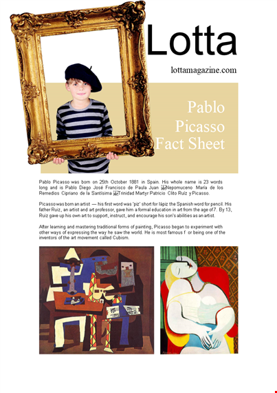 download printable fact sheet template for artists | pablo picasso template