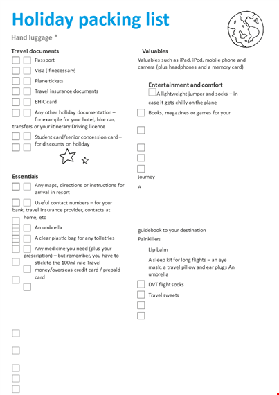 travel packing list template - essential items for your journey template