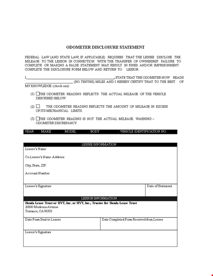 get an accurate odometer disclosure statement from lessor and lessee | xyz templates template