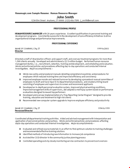 sample hr manager resume template