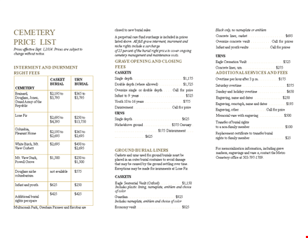 cemetery price list template