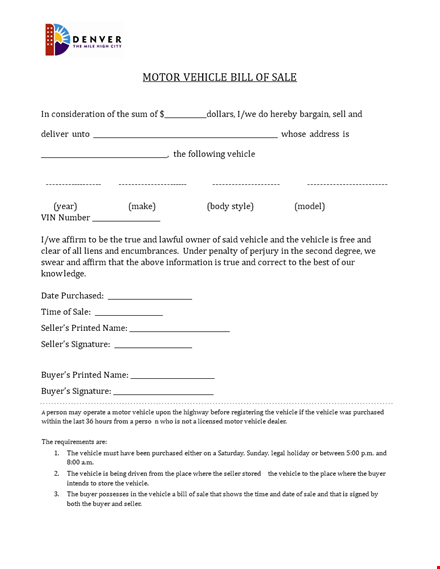 free printable motor vehicle bill of sale template