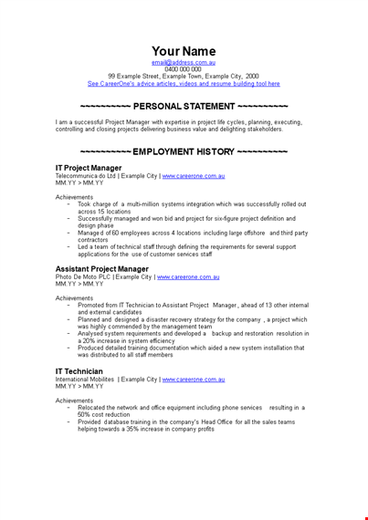 it project manager resume template