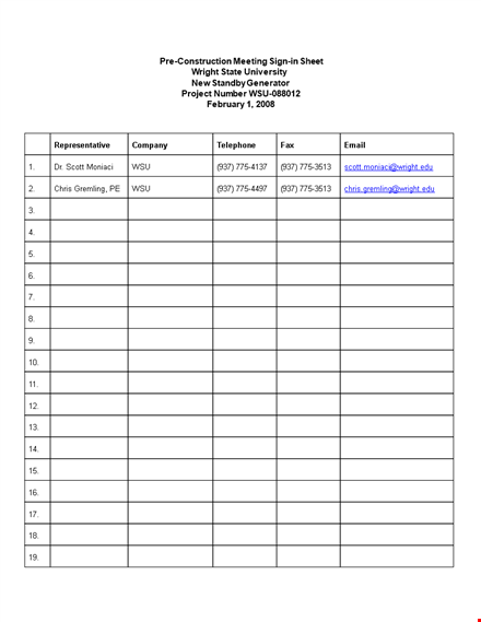 construction meeting sign in sheet template template