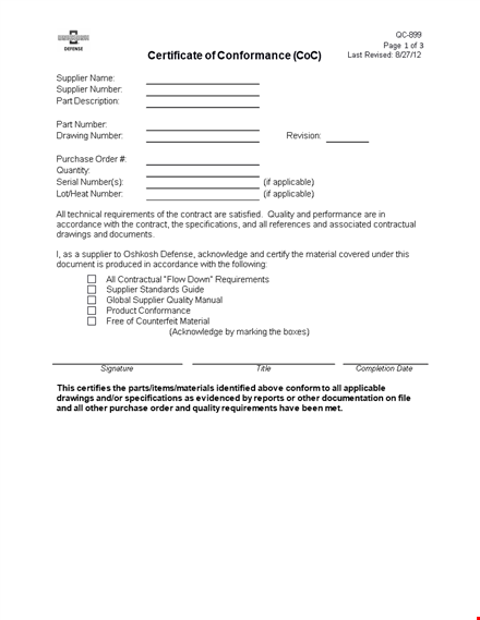 certificate of conformance for supplier drawing number and requirements - oshkosh template