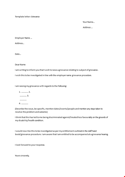 free grievance letter template for employee template