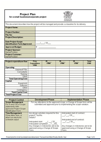 small business project plan template template