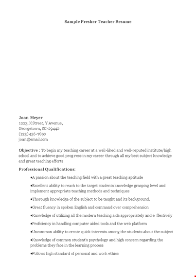 fresher teacher job resume template