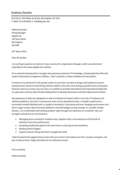 job application letter for it operations manager template