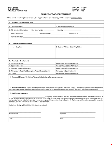 certificate of conformance | issue, supplier, number, section | applicable template