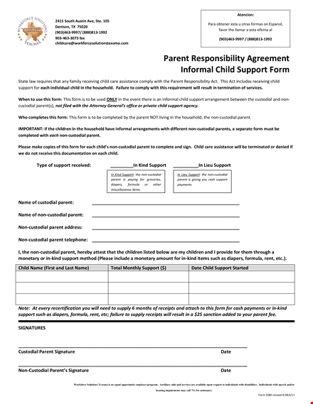 informal child support agreement template template