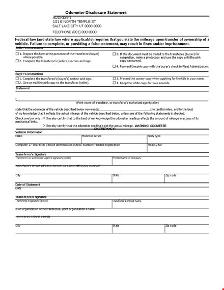 odometer disclosure statement - transferor to transferee | state requirements template