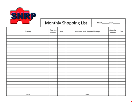 printable monthly shopping list - get organized with total quantity needed template