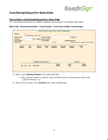 cash receipt deposit for sales order template