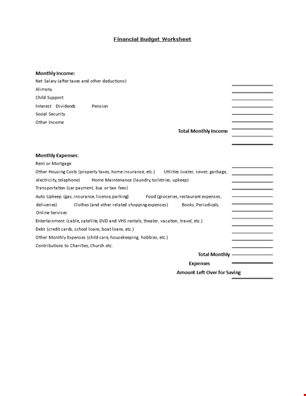 monthly financial budget template template