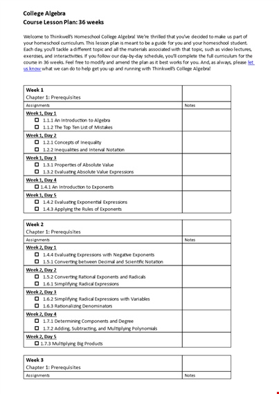 college algebra lesson plan template